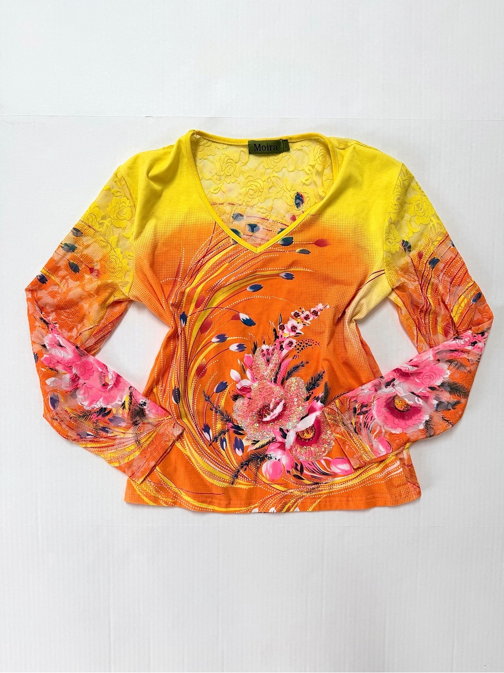 Moira Yellow-Orange Sequin Floral Long Sleeve — y2k semi sheer mesh top L